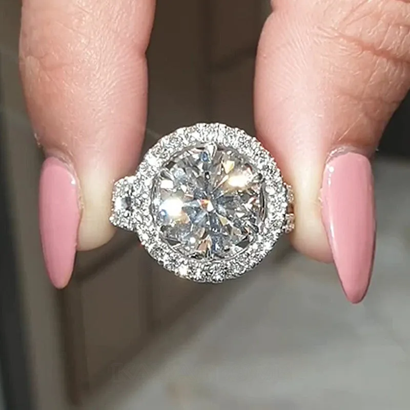 Bague de fiançailles en argent sterling avec halo en argent blanc et diamant rond