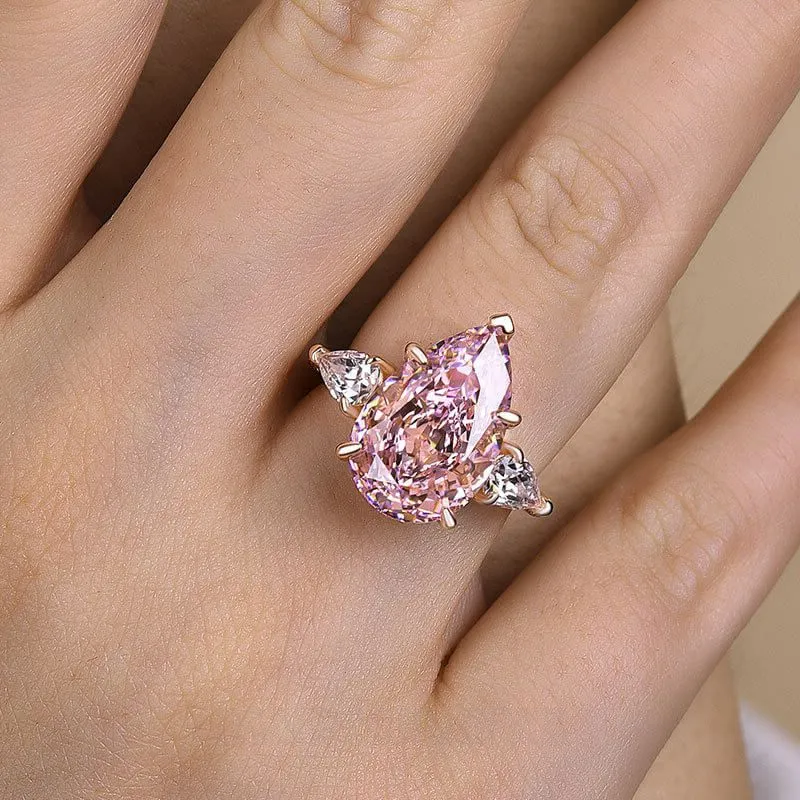 Bague de fiançailles 3 pierres en argent sterling et or rose, taille poire, rose fantaisie