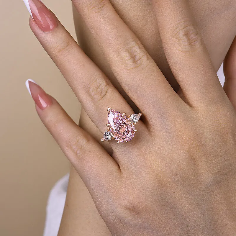 Bague de fiançailles 3 pierres en argent sterling et or rose, taille poire, rose fantaisie