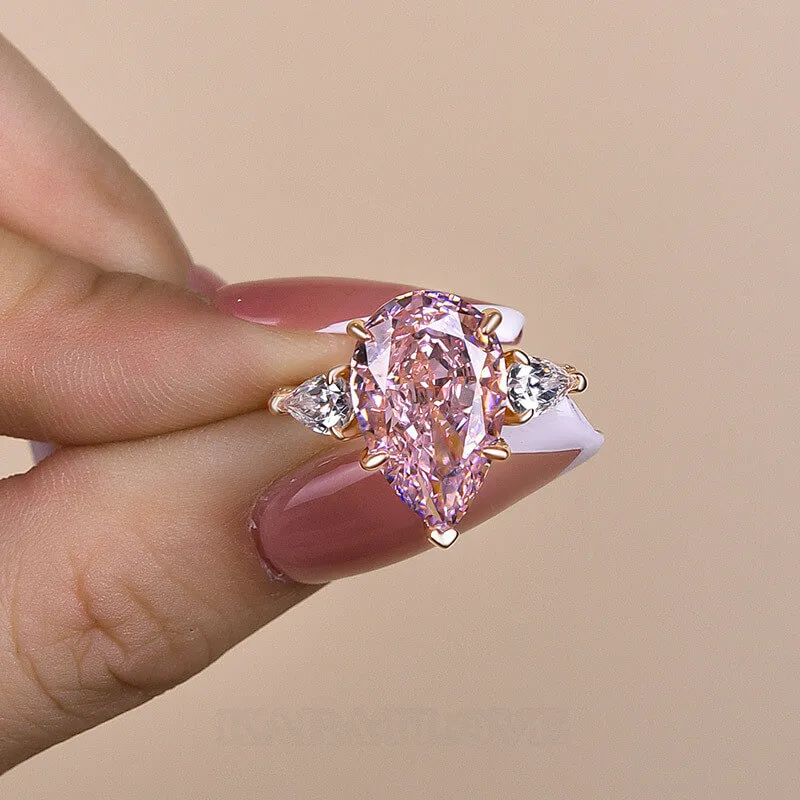 Bague de fiançailles 3 pierres en argent sterling et or rose, taille poire, rose fantaisie