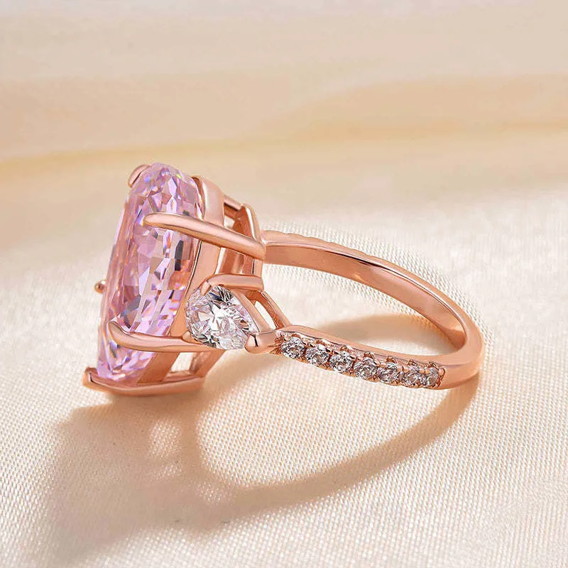 Bague de fiançailles 3 pierres en argent sterling et or rose, taille poire, rose fantaisie