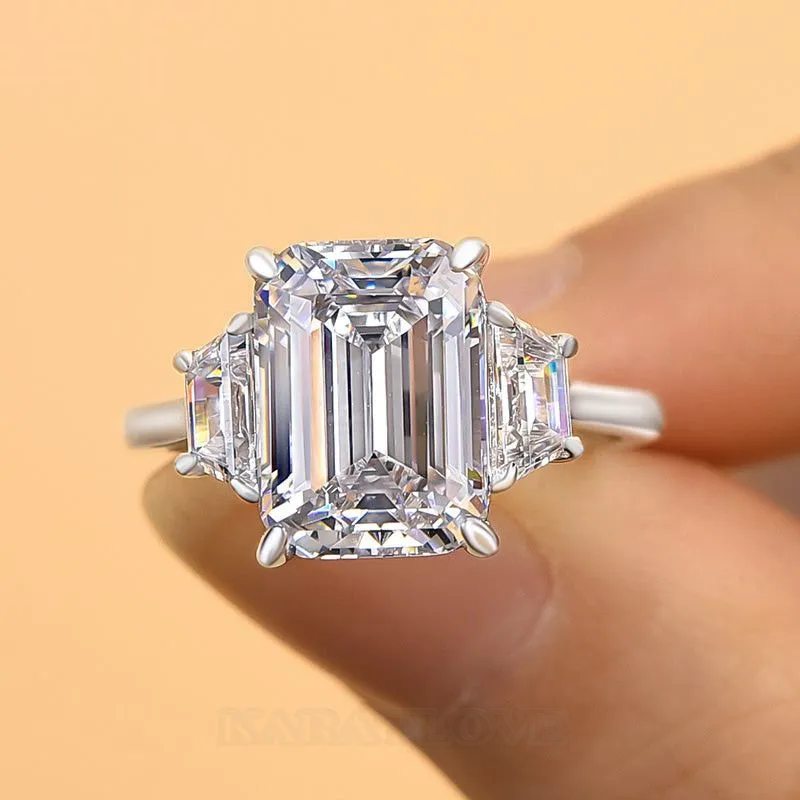 Bague de fiançailles 3 pierres en argent sterling blanc avec diamant taille émeraude
