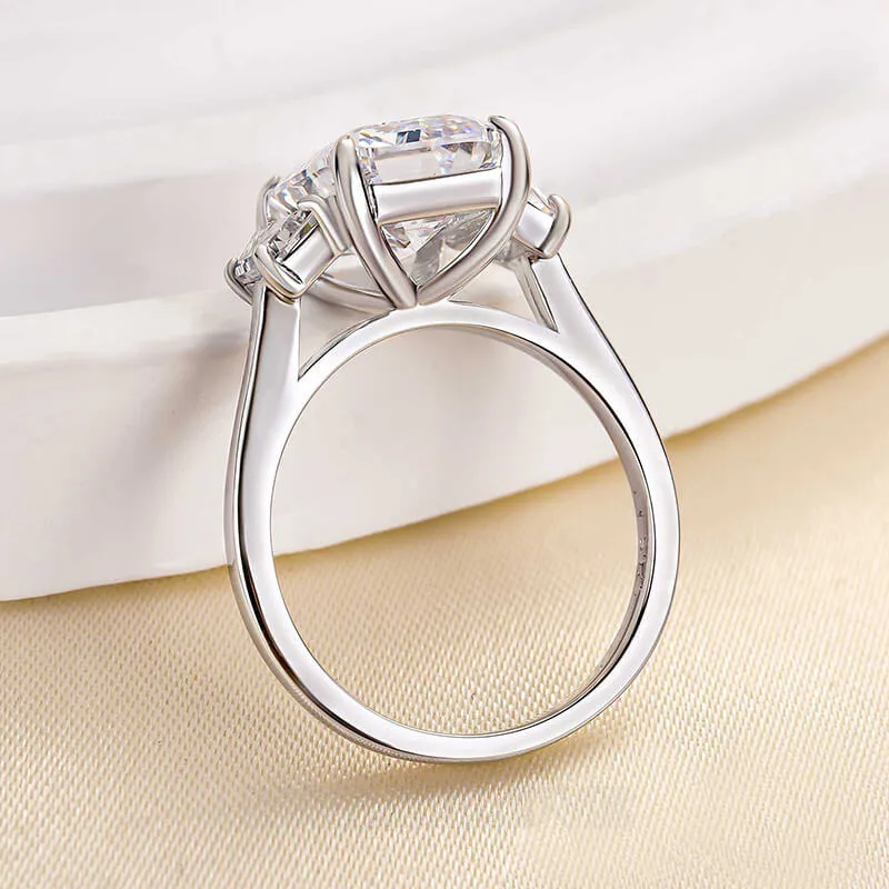 Bague de fiançailles 3 pierres en argent sterling blanc avec diamant taille émeraude