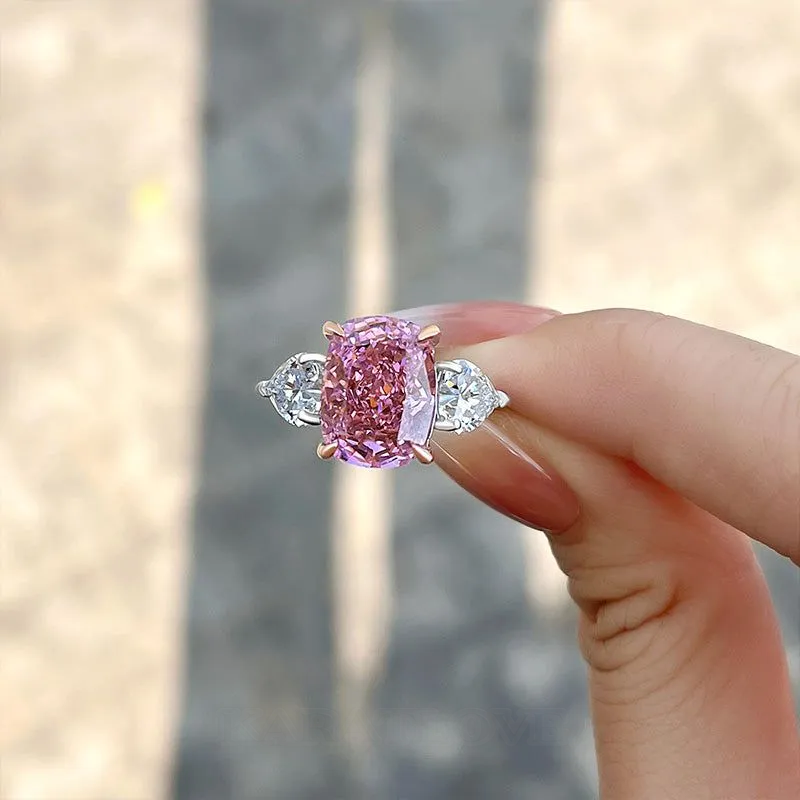 Bague de fiançailles 3 pierres en argent sterling, taille coussin, rose fantaisie