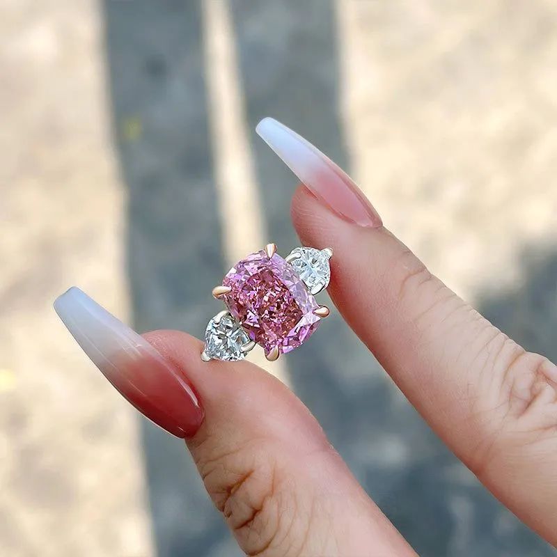 Bague de fiançailles 3 pierres en argent sterling, taille coussin, rose fantaisie