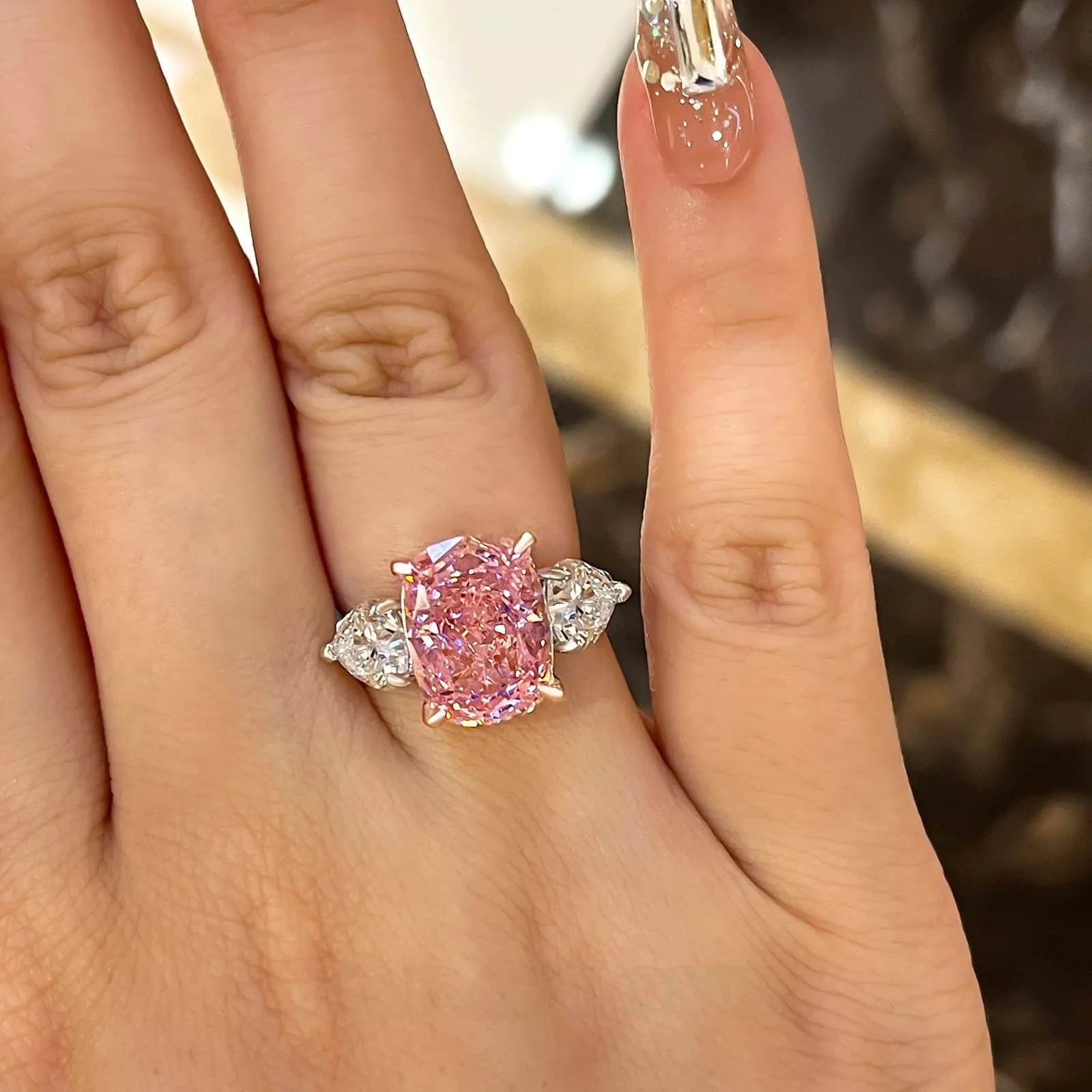 Bague de fiançailles 3 pierres en argent sterling, taille coussin, rose fantaisie