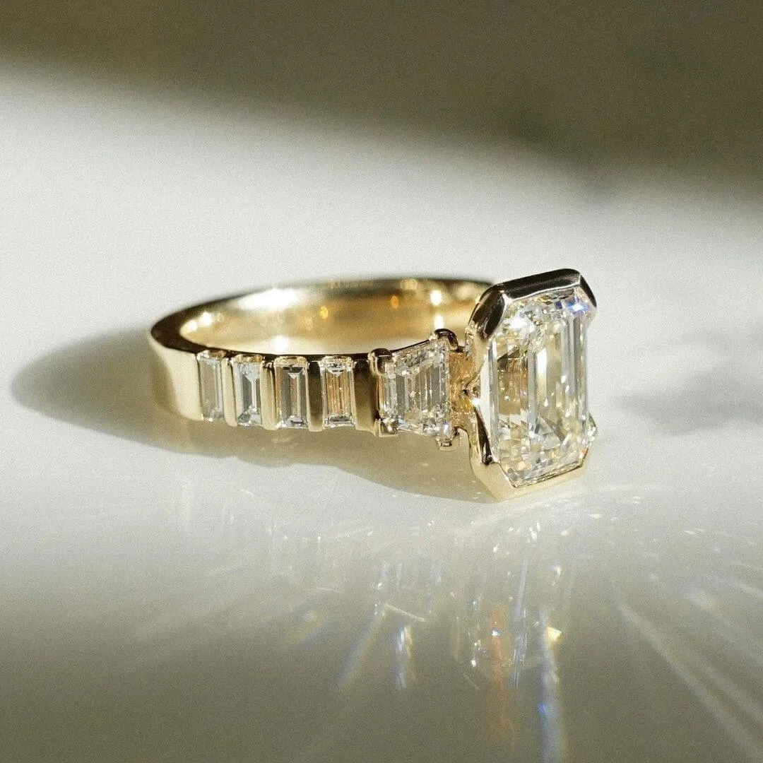 Bague de fiançailles à 3 pierres en argent sterling blanc et or jaune, diamant taille émeraude