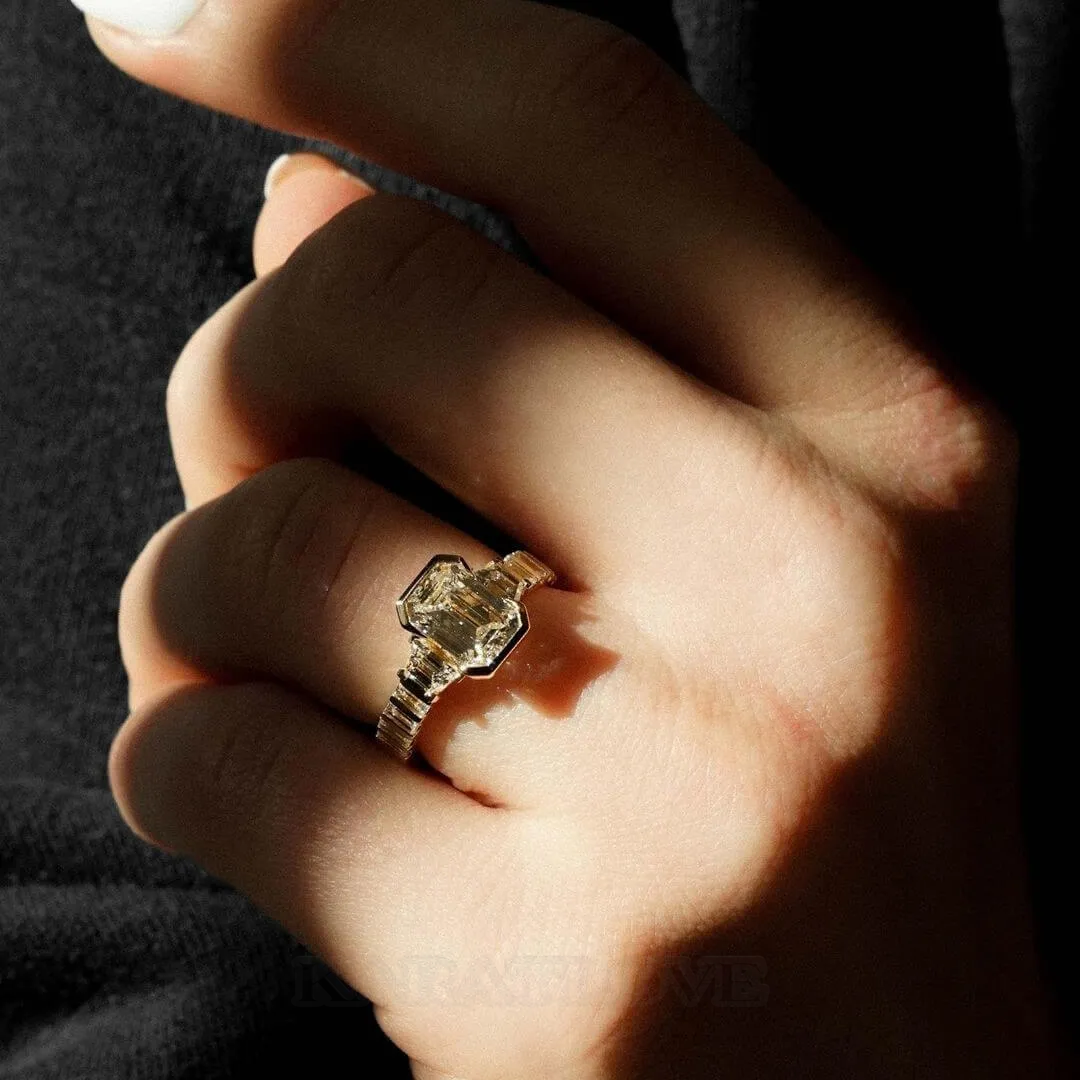 Bague de fiançailles à 3 pierres en argent sterling blanc et or jaune, diamant taille émeraude