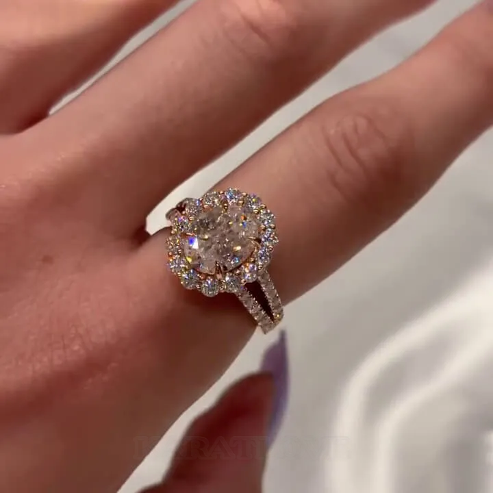 Bague de fiançailles en forme de halo en argent sterling et or rose, sertie d'un diamant ovale
