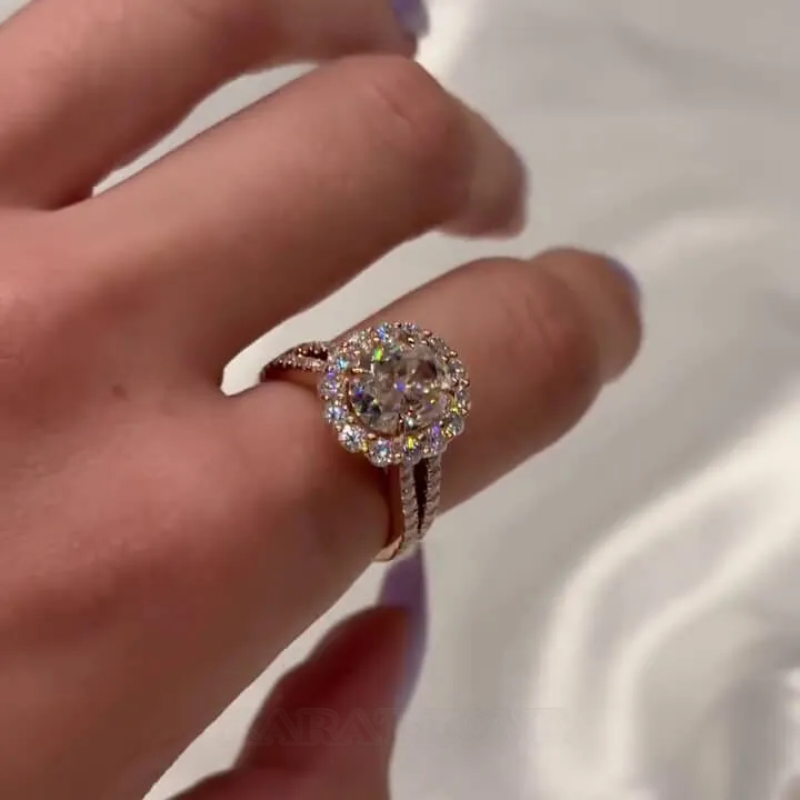 Bague de fiançailles en forme de halo en argent sterling et or rose, sertie d'un diamant ovale