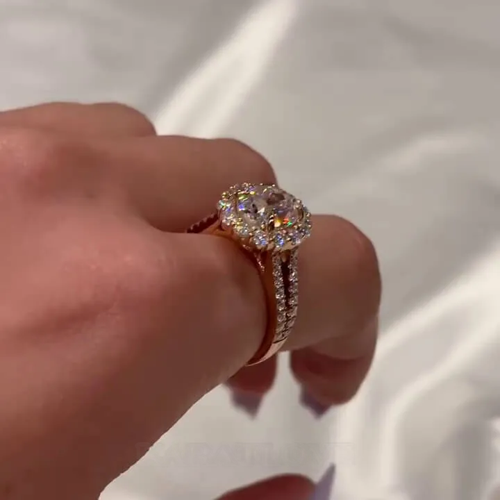 Bague de fiançailles en forme de halo en argent sterling et or rose, sertie d'un diamant ovale