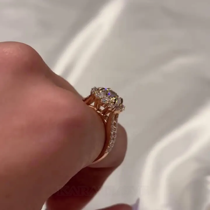 Bague de fiançailles en forme de halo en argent sterling et or rose, sertie d'un diamant ovale