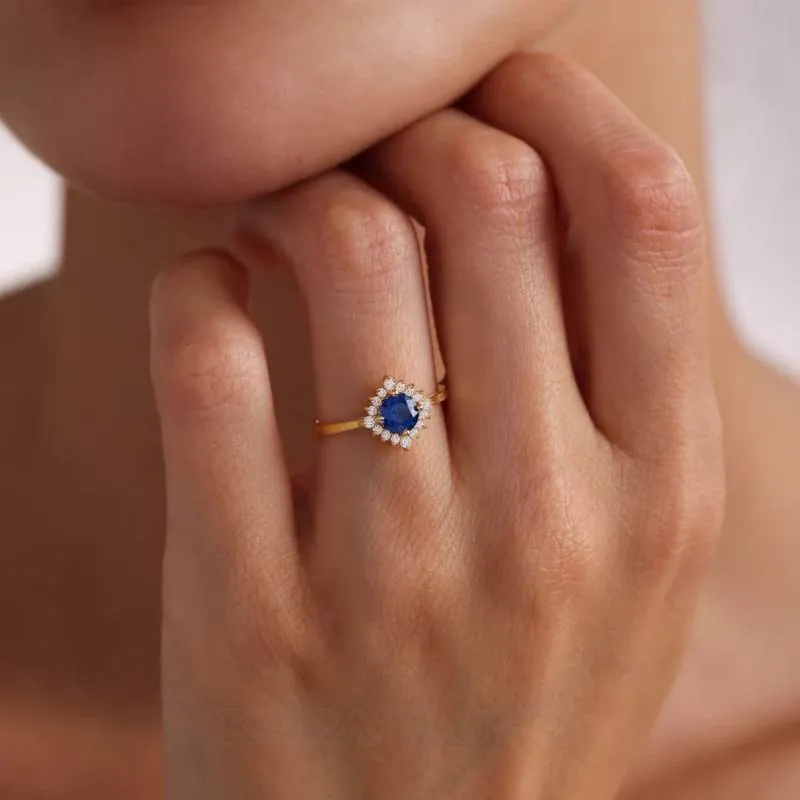 Bague de fiançailles halo en argent sterling et or jaune avec saphir bleu à taille ronde