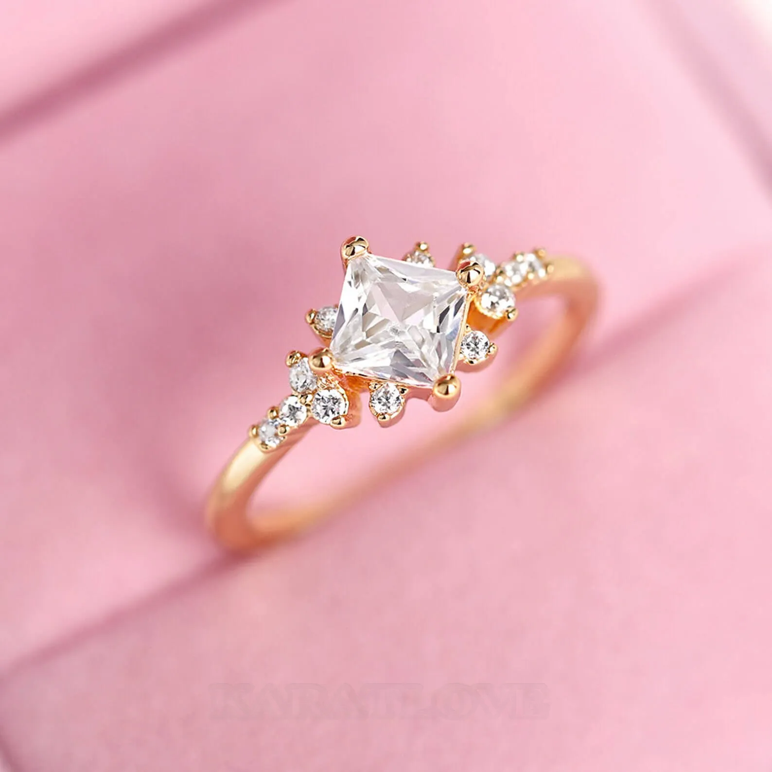 Bague de fiançailles en argent sterling et or jaune avec diamant taille princesse