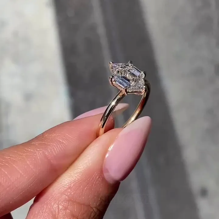 Bague de fiançailles solitaire en argent sterling et or jaune, diamant blanc de taille hexagonale
