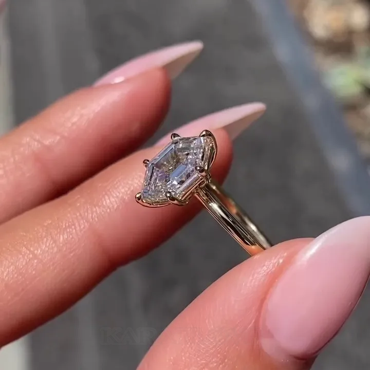 Bague de fiançailles solitaire en argent sterling et or jaune, diamant blanc de taille hexagonale