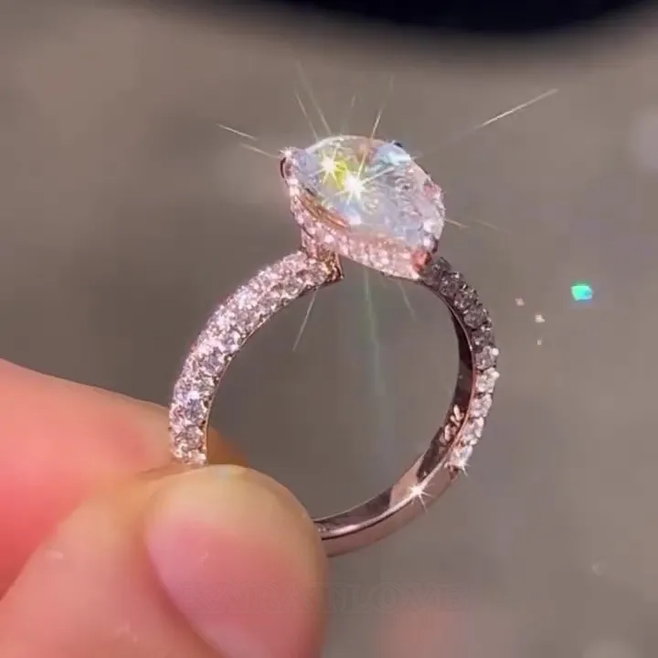 Bague de fiançailles en argent sterling et or rose avec diamant taille poire