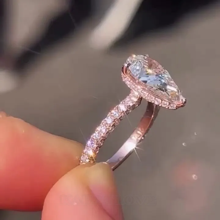 Bague de fiançailles en argent sterling et or rose avec diamant taille poire