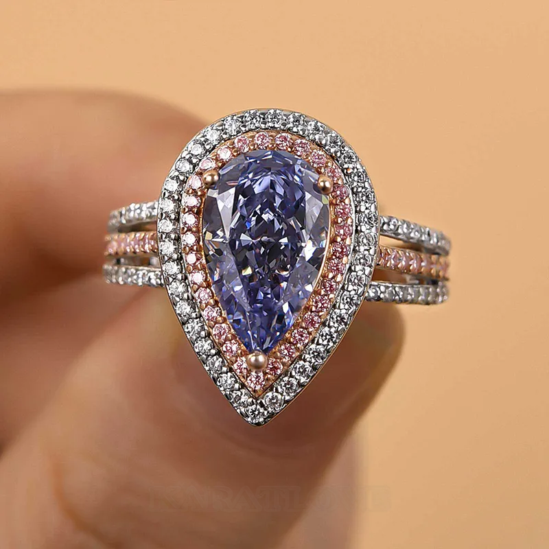 Bague de fiançailles double halo en argent sterling avec aigue-marine bleue taille poire