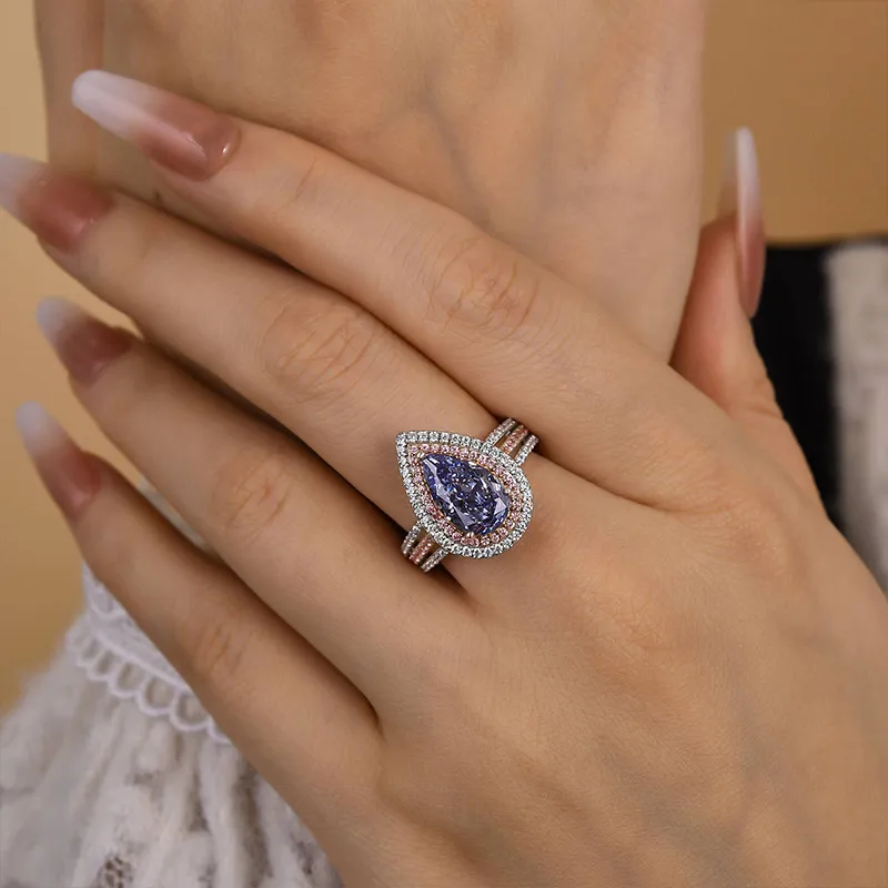 Bague de fiançailles double halo en argent sterling avec aigue-marine bleue taille poire