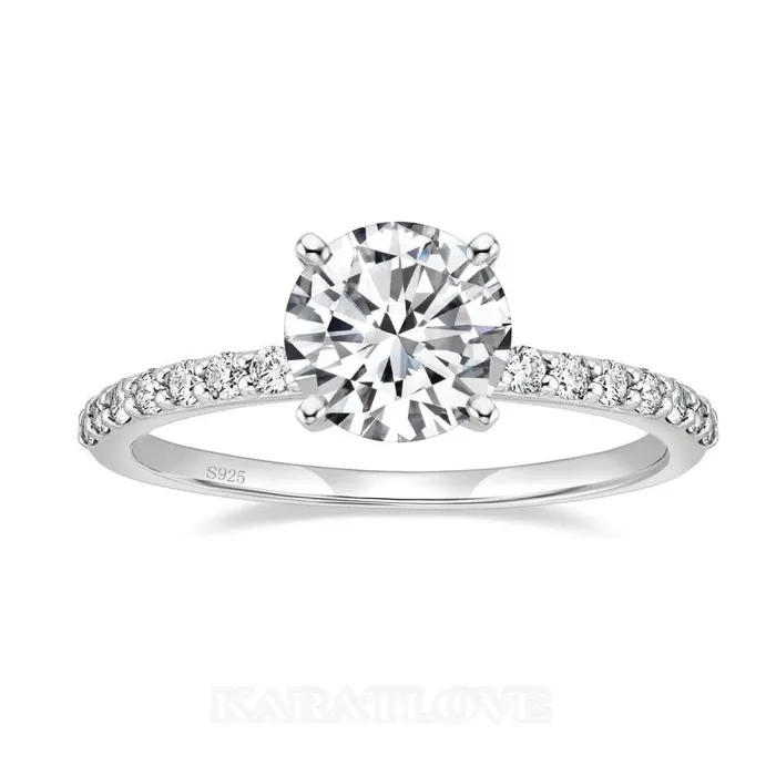 Bague de fiançailles classique en argent sterling blanc avec diamant rond