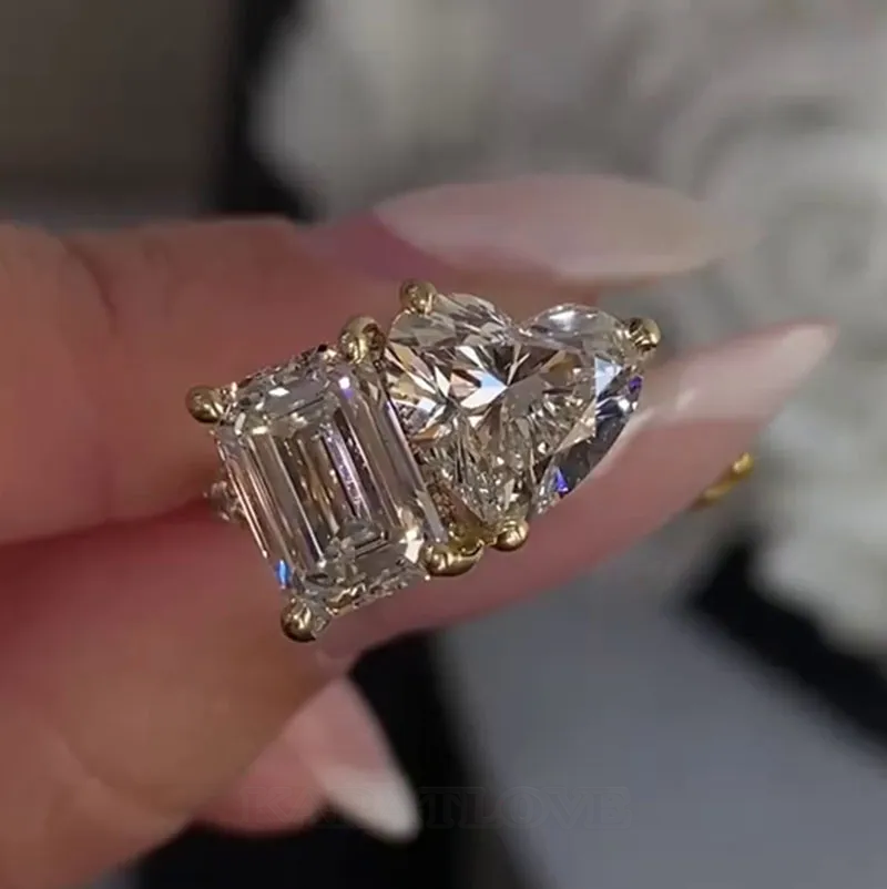 Bague de fiançailles à halo caché en argent sterling 925 et or jaune, diamant taille émeraude et cœur