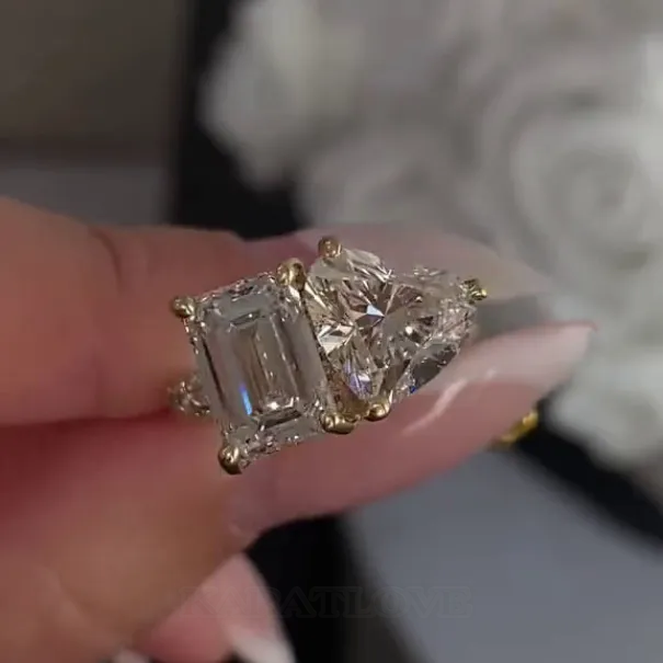 Bague de fiançailles à halo caché en argent sterling 925 et or jaune, diamant taille émeraude et cœur