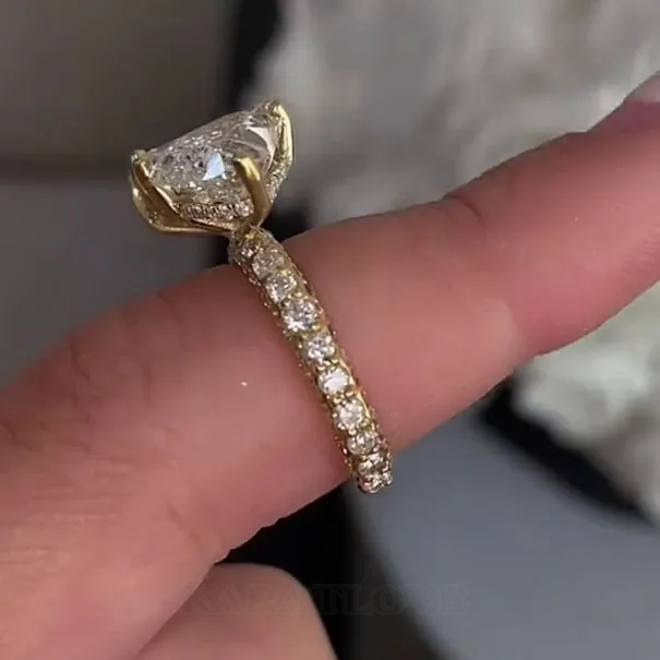 Bague de fiançailles à halo caché en argent sterling 925 et or jaune, diamant taille émeraude et cœur