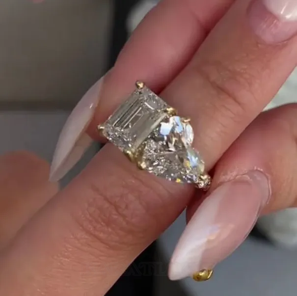 Bague de fiançailles à halo caché en argent sterling 925 et or jaune, diamant taille émeraude et cœur