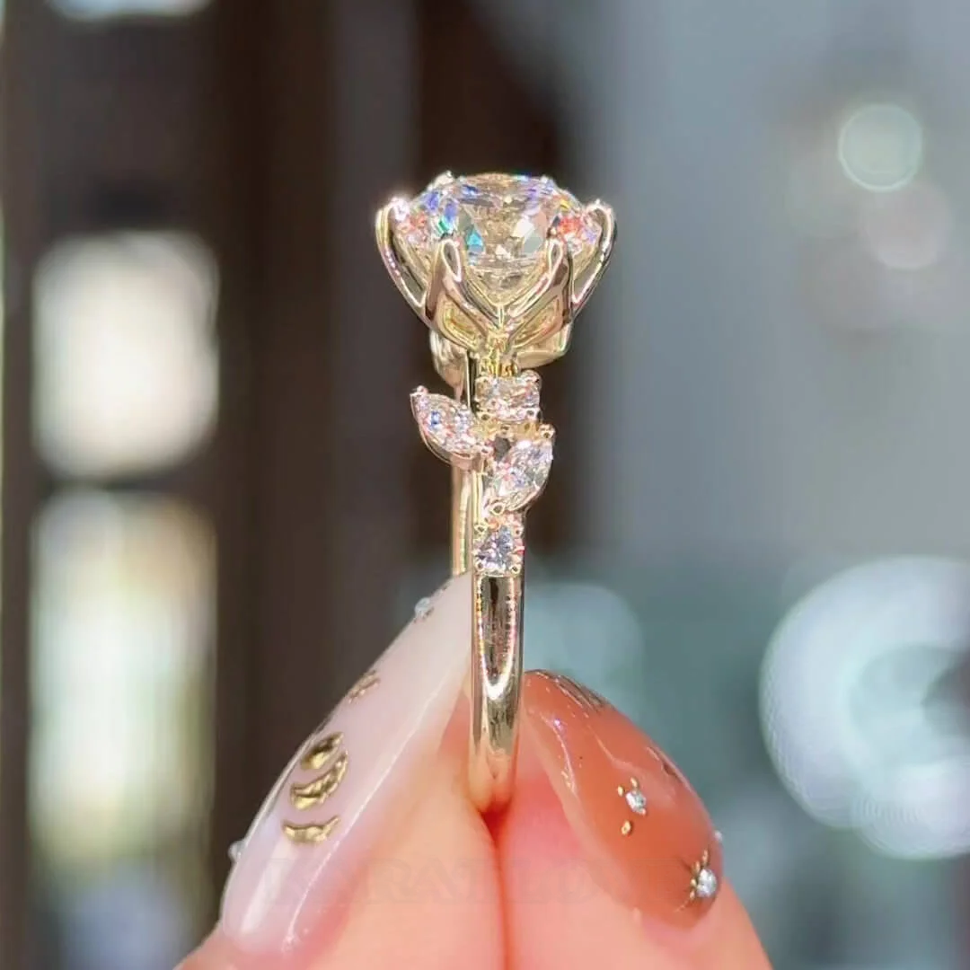 Bague de fiançailles Art Déco en argent sterling blanc et or jaune avec diamant taille ronde