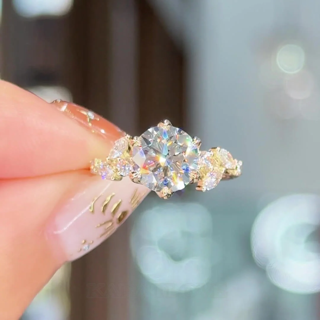 Bague de fiançailles Art Déco en argent sterling blanc et or jaune avec diamant taille ronde