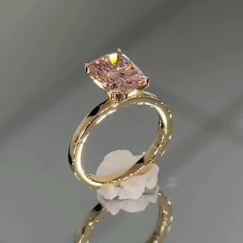 Bague de fiançailles en argent sterling rose fantaisie taille coussin et or jaune