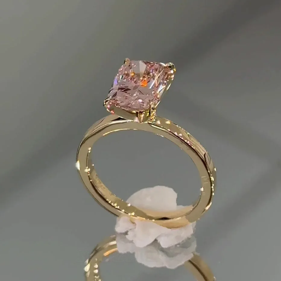 Bague de fiançailles en argent sterling rose fantaisie taille coussin et or jaune
