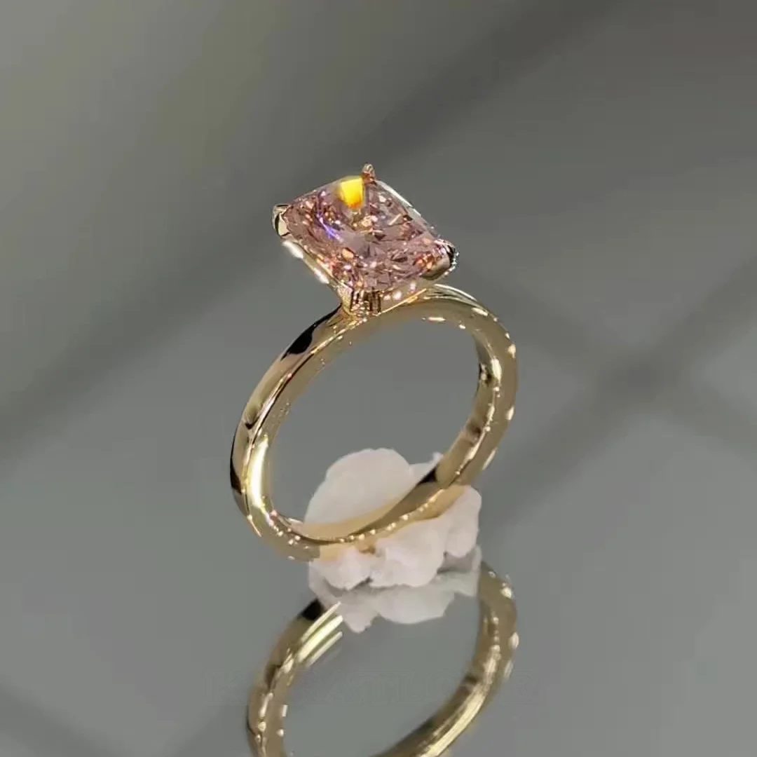 Bague de fiançailles en argent sterling rose fantaisie taille coussin et or jaune