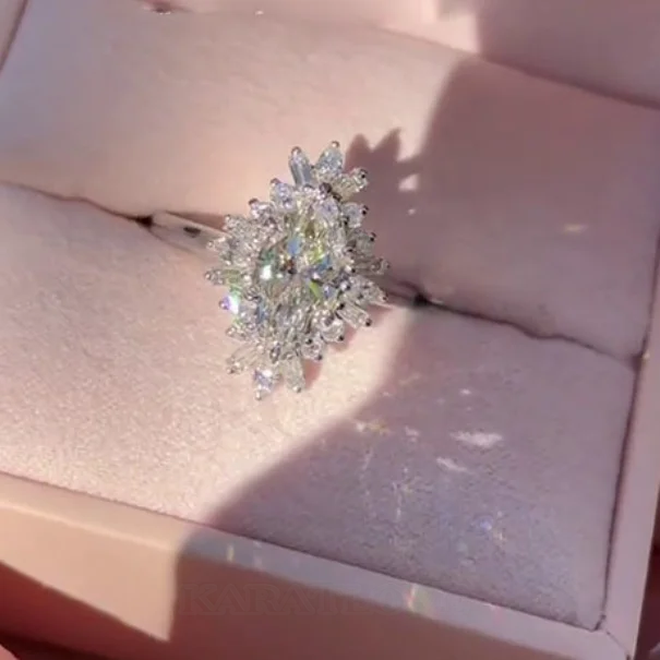 Bague de fiançailles en argent sterling blanc avec diamant taille marquise