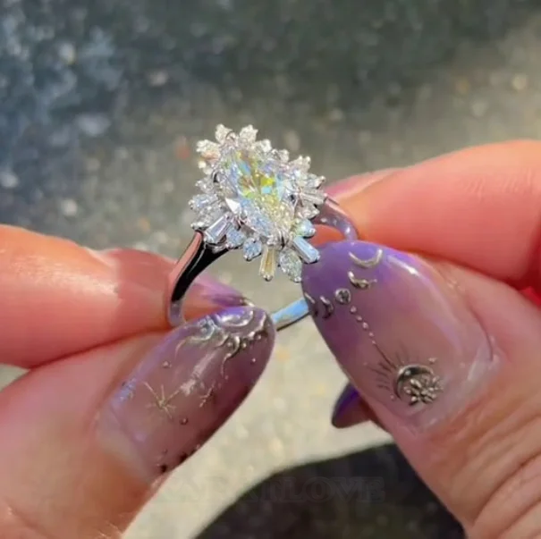 Bague de fiançailles en argent sterling blanc avec diamant taille marquise