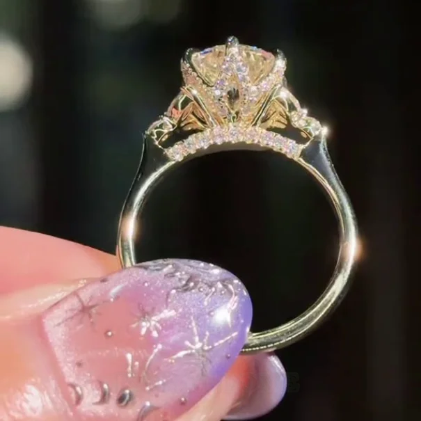 Bague de fiançailles en argent sterling blanc et couleur or jaune avec diamant taille ronde