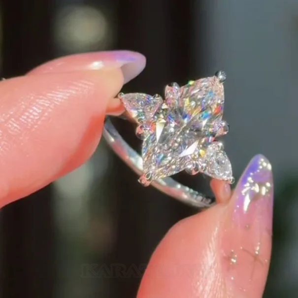 Bague de fiançailles en argent sterling blanc avec diamant taille marquise