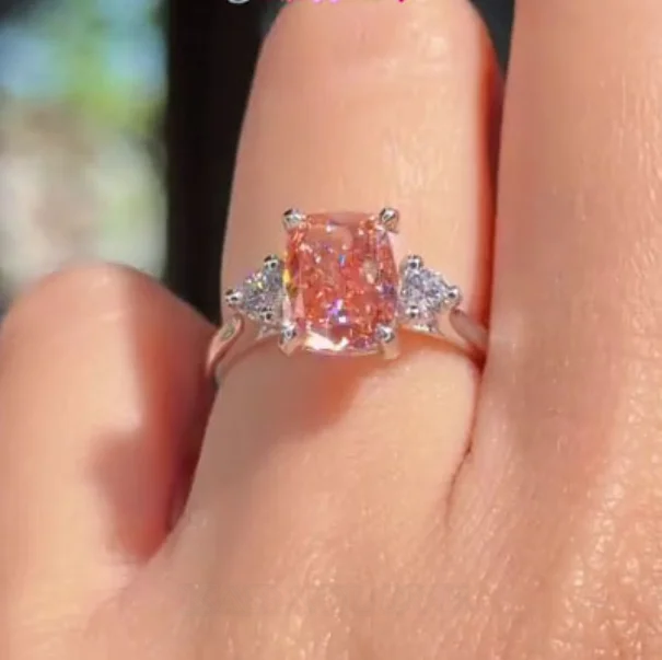 Bague de fiançailles en argent sterling avec diamant taille coussin rose fantaisie