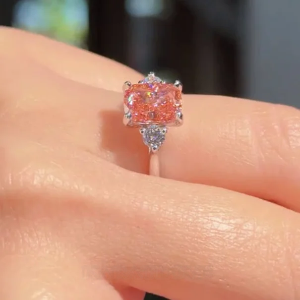 Bague de fiançailles en argent sterling avec diamant taille coussin rose fantaisie