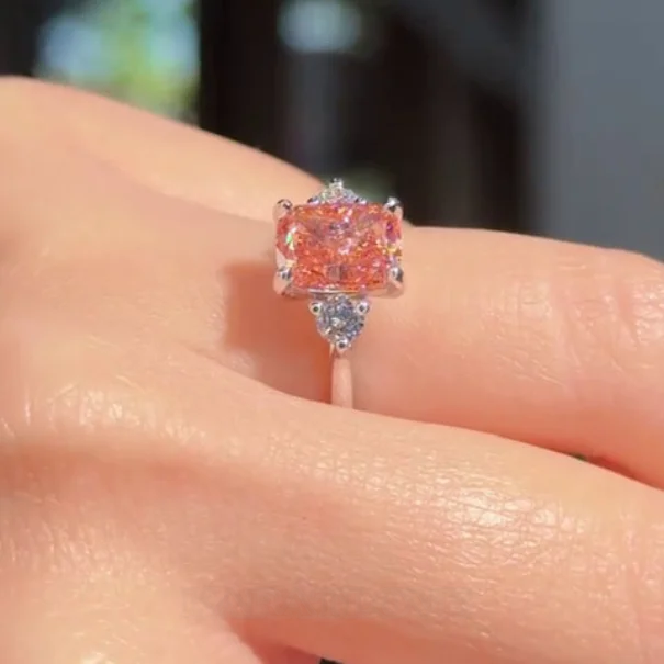 Bague de fiançailles en argent sterling avec diamant taille coussin rose fantaisie