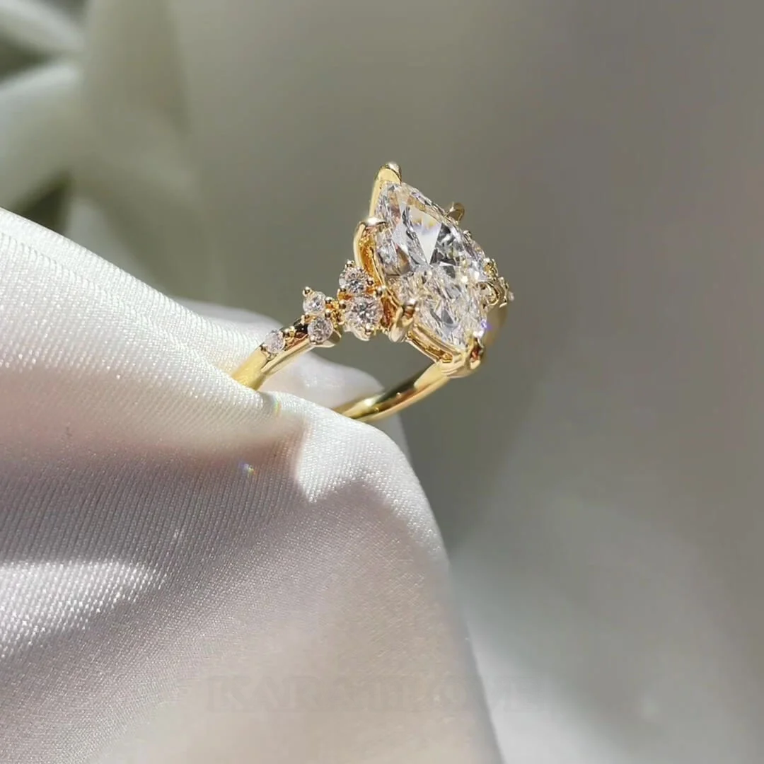 Bague de fiançailles en argent sterling blanc et or jaune avec diamant taille marquise