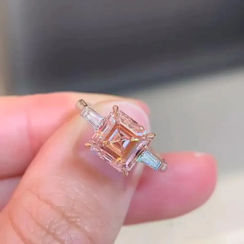 Bague de fiançailles en argent sterling 925 avec saphir rose taille Asscher