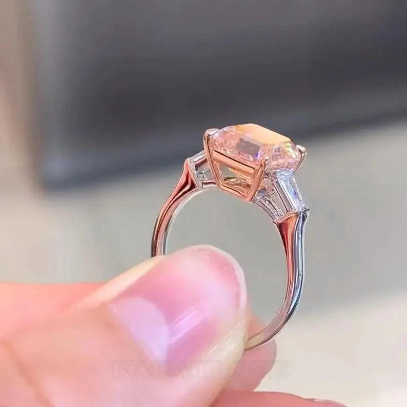 Bague de fiançailles en argent sterling 925 avec saphir rose taille Asscher