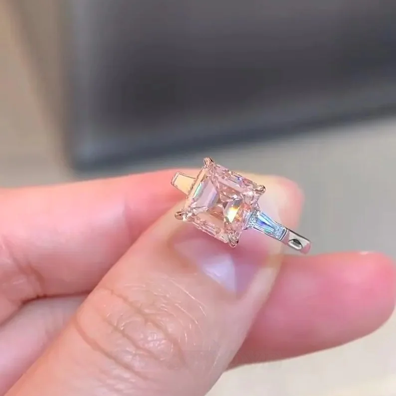 Bague de fiançailles en argent sterling 925 avec saphir rose taille Asscher
