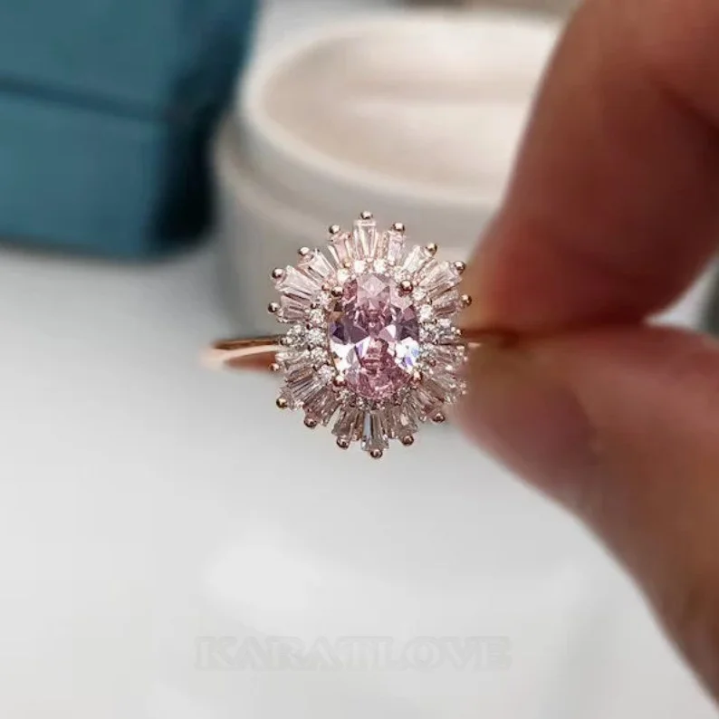 Bague de fiançailles vintage en argent sterling avec saphir rose taille ovale et halo
