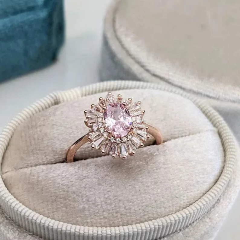 Bague de fiançailles vintage en argent sterling avec saphir rose taille ovale et halo