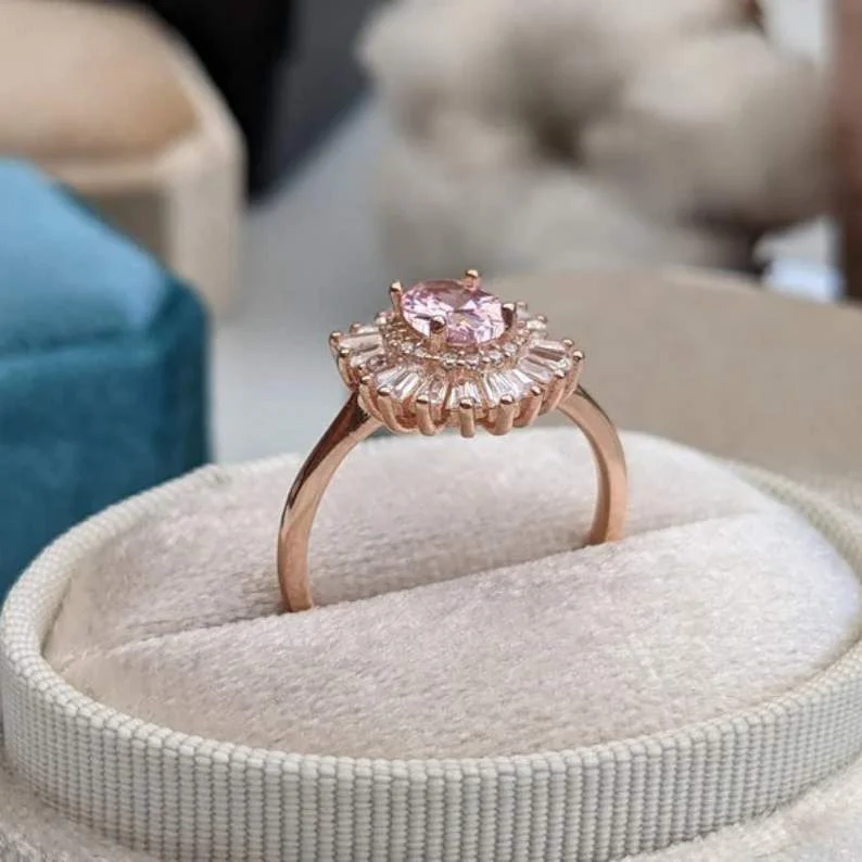 Bague de fiançailles vintage en argent sterling avec saphir rose taille ovale et halo