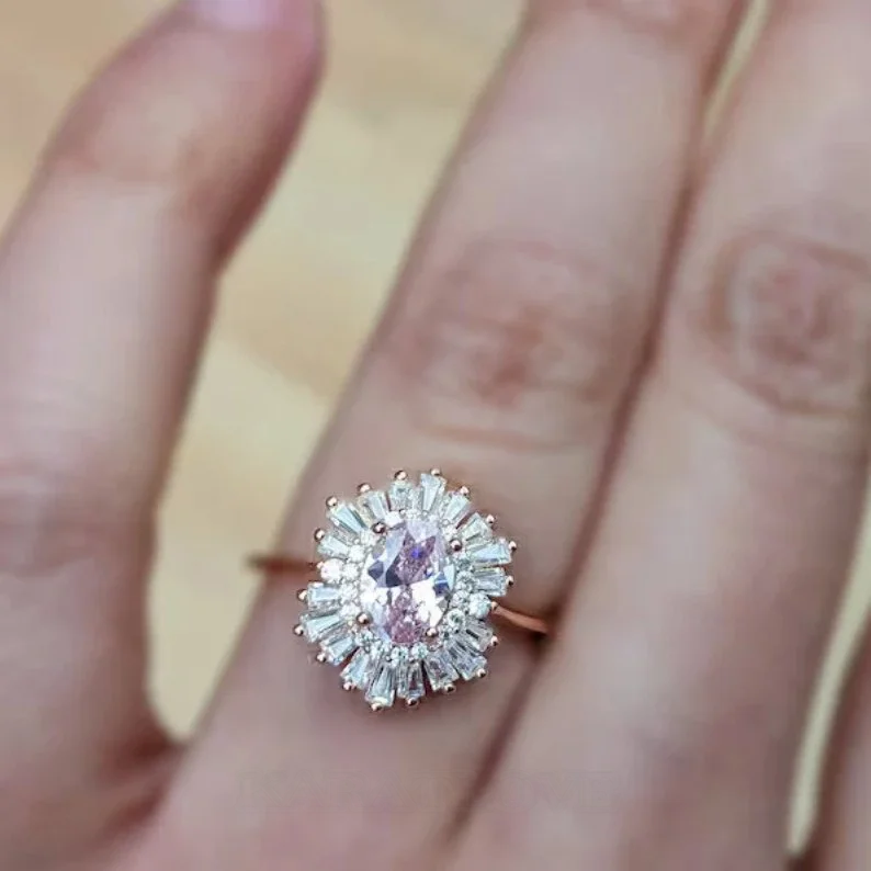 Bague de fiançailles vintage en argent sterling avec saphir rose taille ovale et halo