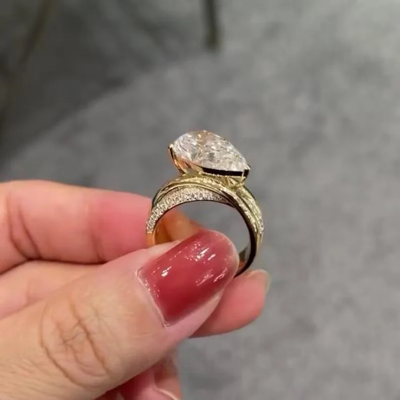 Yellow Gold Pear Cut White Sapphire Sterling Silver Twisted Engagement Ring